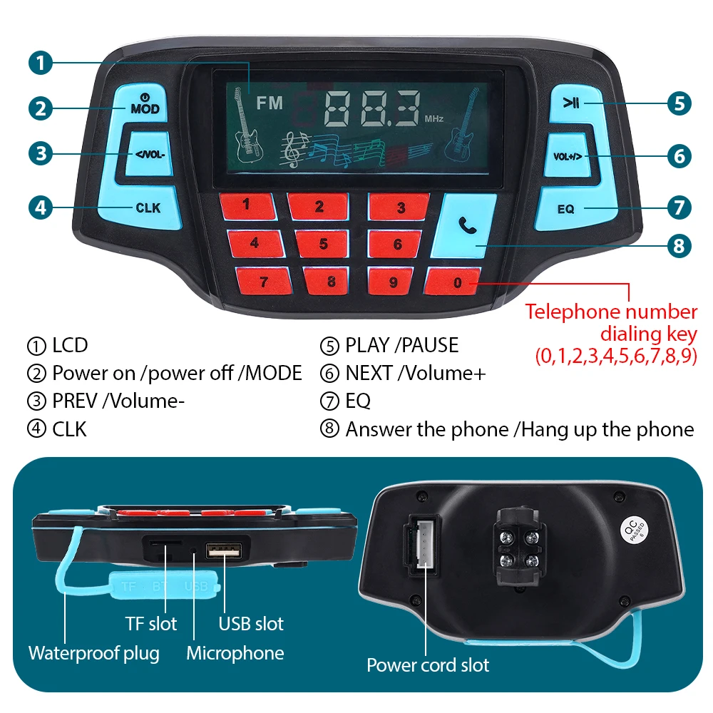 12V Universal Motorcycle MP3 Audio System Mobile Phone Charging Dual Speakers APP Control Waterproof Bluetooth Receive Calls
