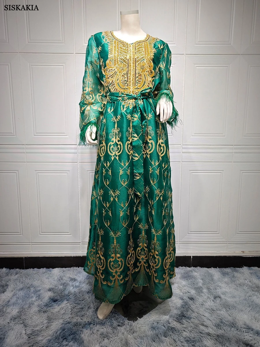 Siskakia Dubai Gold Floral Embroidery Sequins Feathers Patchwork Long Sleeve V Collar Ethnic Party Gown With Sashes Eid Al-Adha