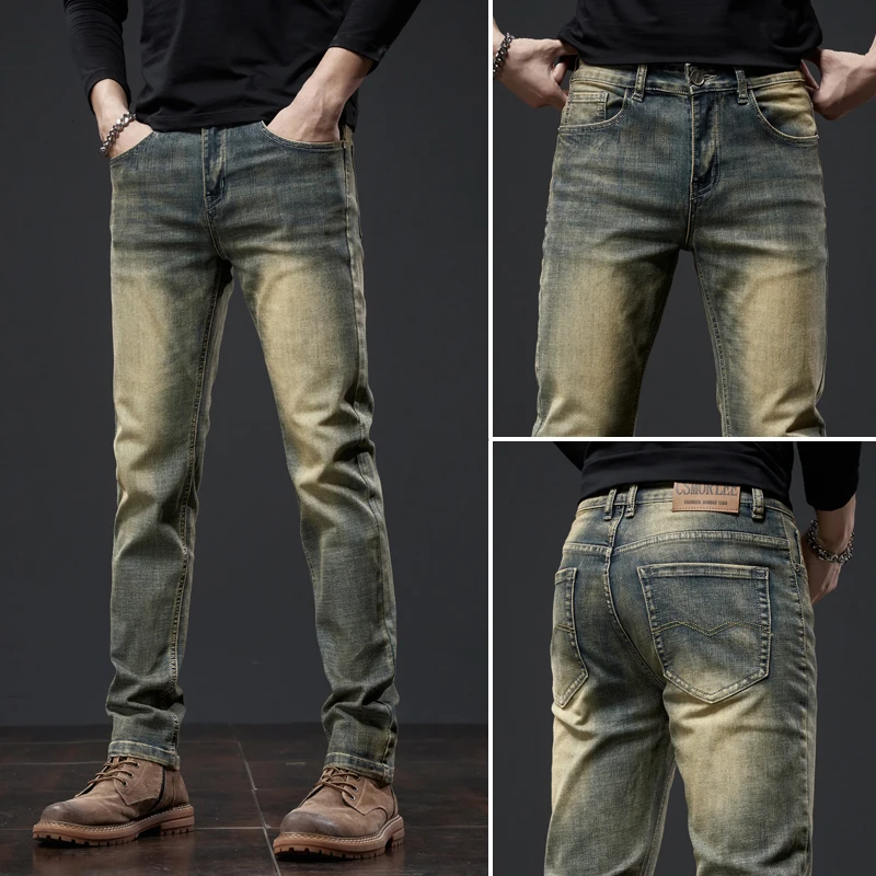 High-End Yellow Clay Dyed Men's Slim Straight Fashionable Jeans Versatile Casual mid Waist Zipper Fly Summer Wear Resistant