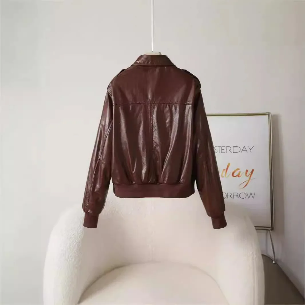 Fashionable Versatile Square Neck Oil Wax Genuine Leather Cowhide Jacket Motorcycle Jacket