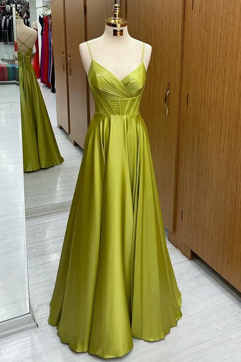 Satin Spaghetti Straps V-Neck Prom Dresses Sleeveless Backless Evening Gowns Ruched Pleated Corset A-line Long Bridesmaid Gowns