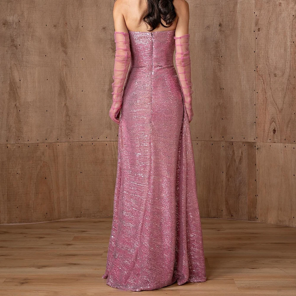 Exquisite Strapless Sequin A-Line Detachable Sleeve Evening Dress Floor Length Zipper Back Sleeveless Sweep Train فساتين سهرة