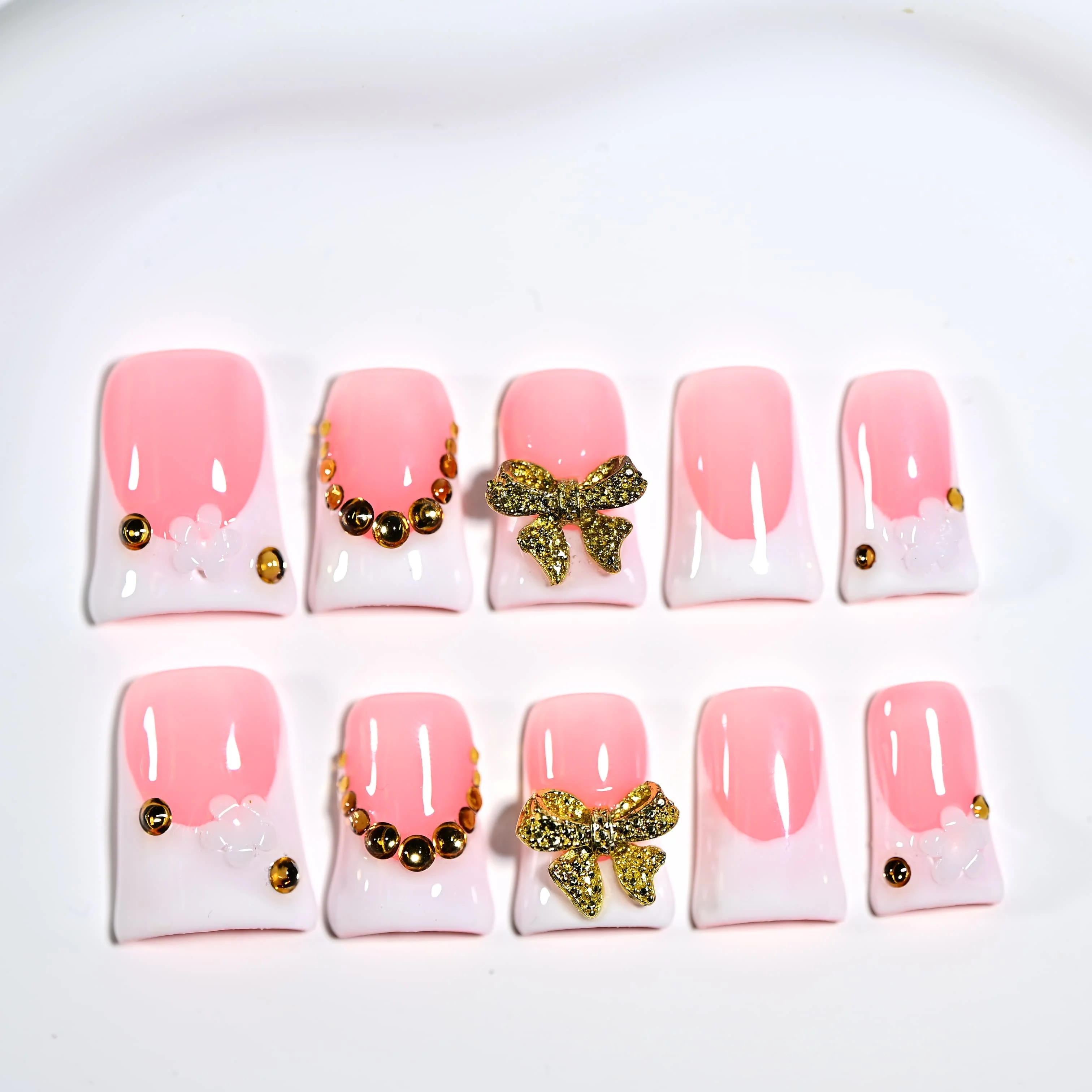 

Handmade Short Duckbill Press - On Nails, Neutral Tones With Gold Butterfly, Floral & Rhinestone Accents, Perfect Girly Outings