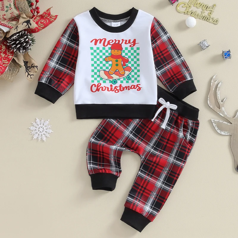 

2023-09-04 Lioraitiin 6M-4Y Toddler Baby Boys Christmas Outfits Letter Print Round Neck Sweatshirt Drawstring Plaid Pants Set