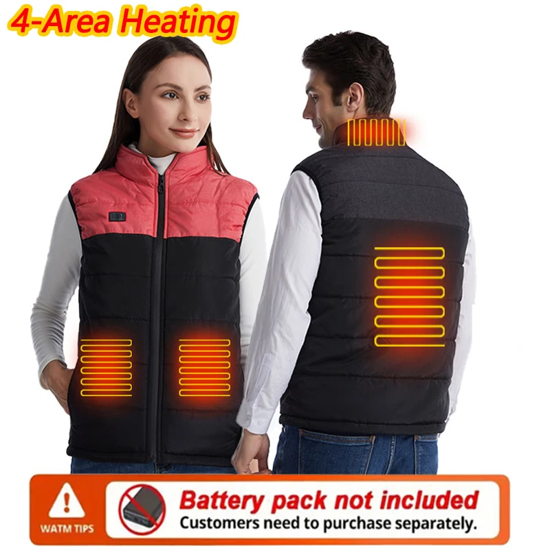 Winter 4 Area Heated Unisex Thermal Stand-Up Collar Warm Heated Vest Outdoor Sports Warm Coat Vest (Not Included The Power Bank)