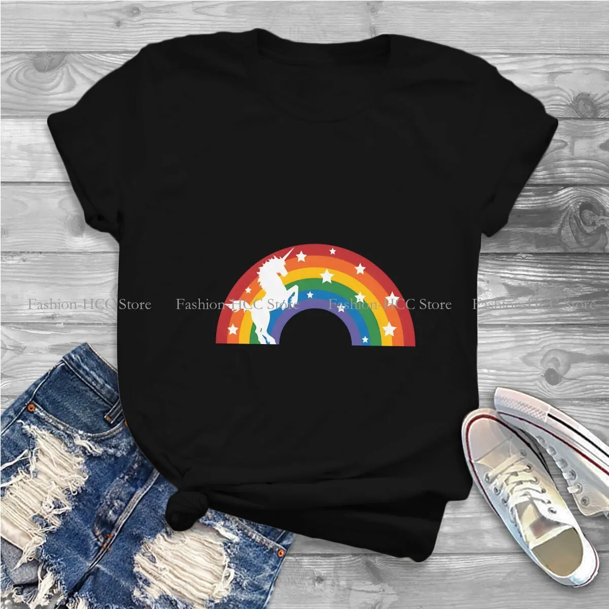 Rainbow Harajuku Polyester TShirt Cute Unicorn Cartoon Creative Streetwear Casual T Shirt Female Tee