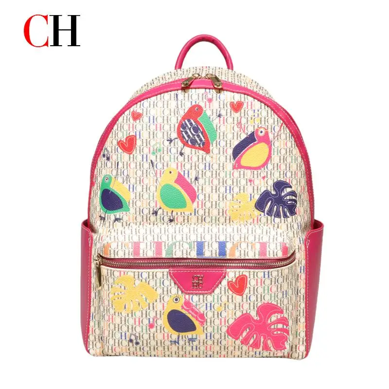 CH Luxury Women Backpack PU Leather Monogram Large Capacity Travel School Daily Fashion Designer Style Red Trim - view 5