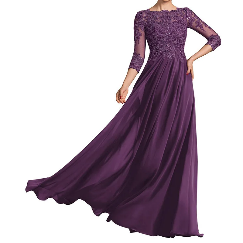 

QMANSHA Custom Made Long Bridesmaid Dress Three-Quarter Sleeve Lace Chiffon Formal Evening Gown A-Line Wedding Party Dress