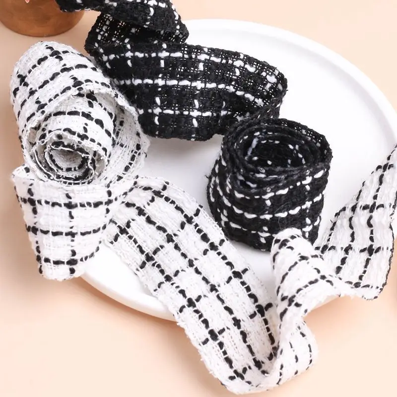 Check Tweed Embroidery Ribbon 25mm 38mm Handmade Accessory Material Hair Bows Blouse Designed DIY Black White Cotton Nylon Tape