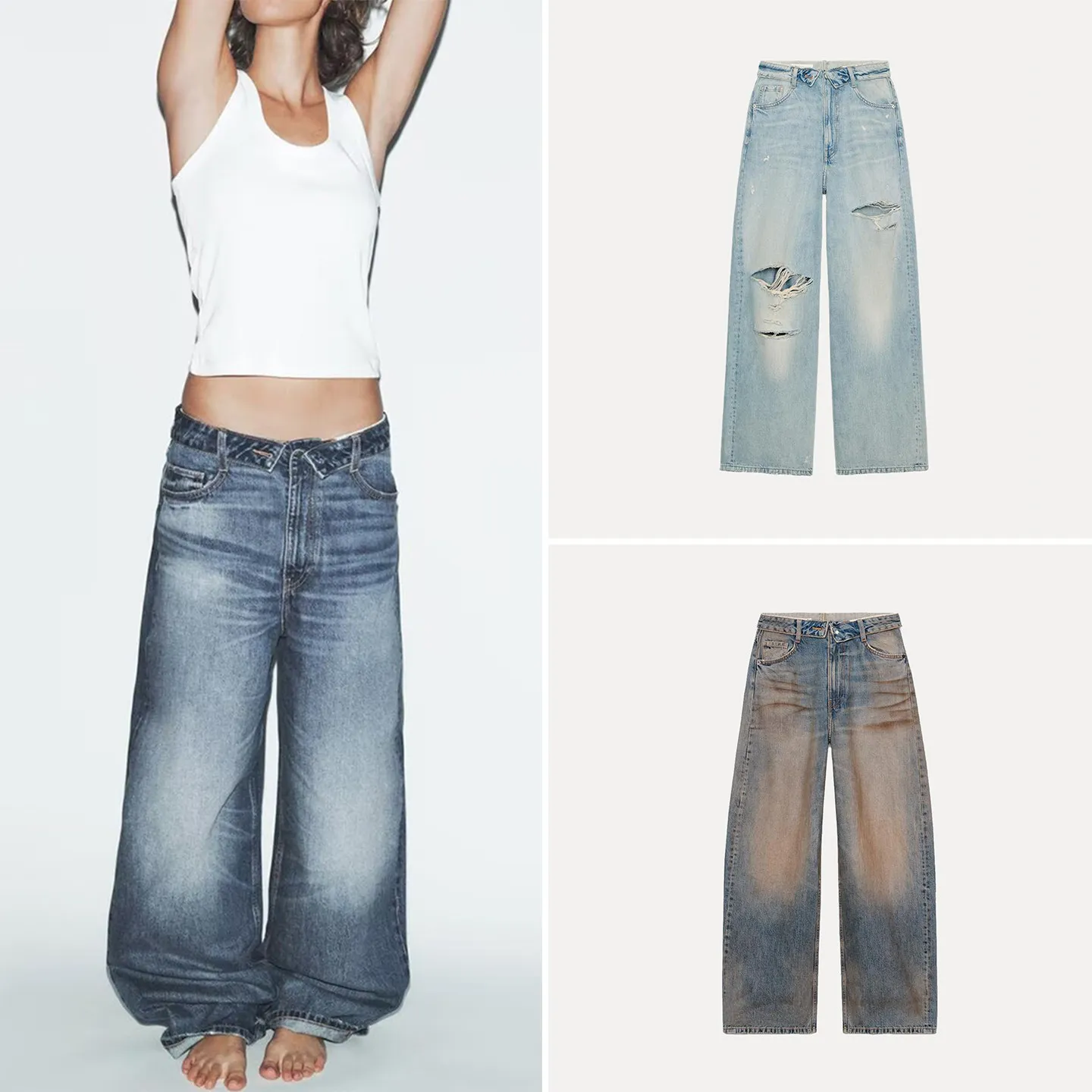

Casual Ripped Hem Jeans Women's Summer New Style mid Waist Straight Leg Micro Stretch Elastic Natural Waist Denim Jeans