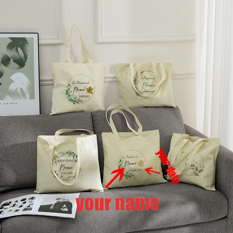 Personalizado con nombre, naturaleza, país, paloma, eucalipto, patrones de hojas de bautismo, bolso de compras de lona para mujer, regalo de fiesta individual de viaje
