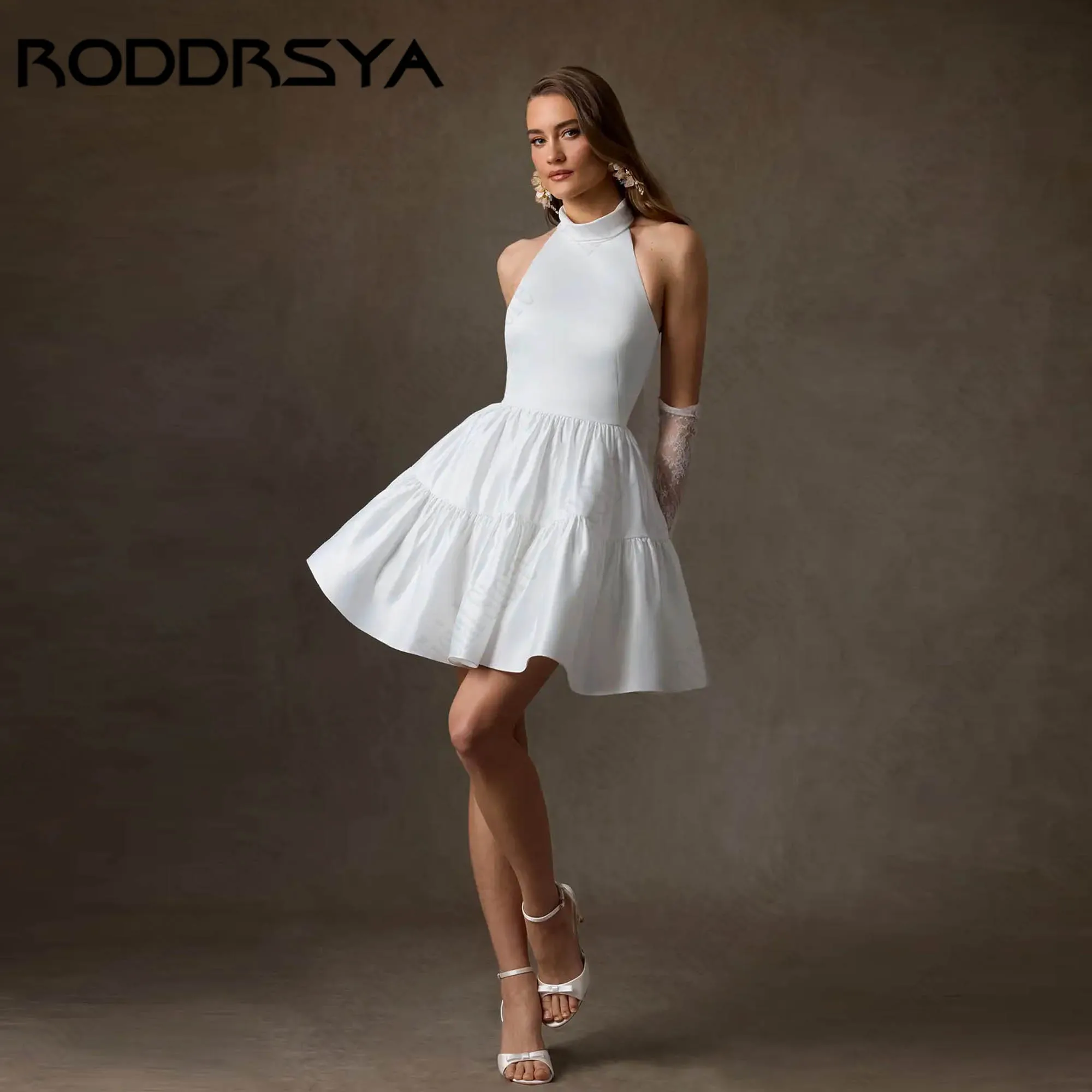 RODDRSYA Classsic Mini White Wedding Dress Halter A-line Tiered Ruffle Satin Bride Party Gown Simple vestido de novia Customized