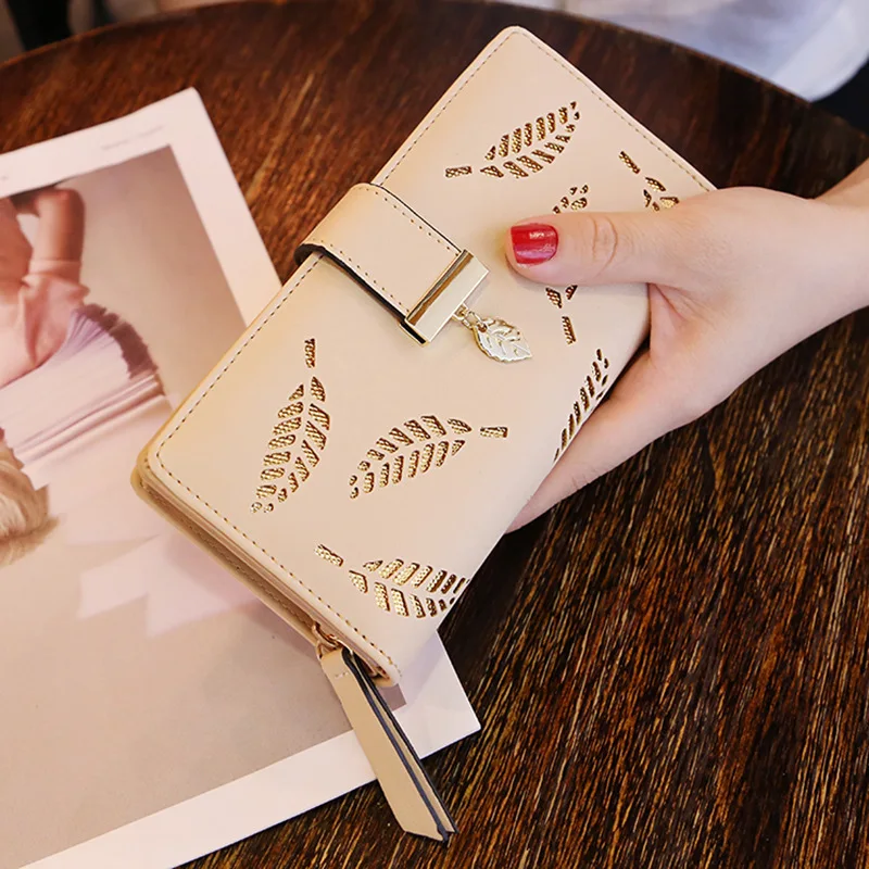 Ladies Fashion Wallet PU Leather Phone Purse Female Hollow Leaves Pouch Clutch Handbag For Women Coin Card Holders Long Wallets