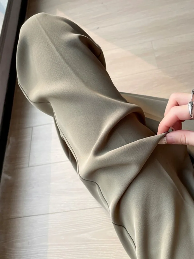 여름 와이드 레그 수트 팬츠 여성용 바닥 길이 바지 비대칭 하이웨이스트 쉬폰 슬림 핏 화이트 벨 바텀