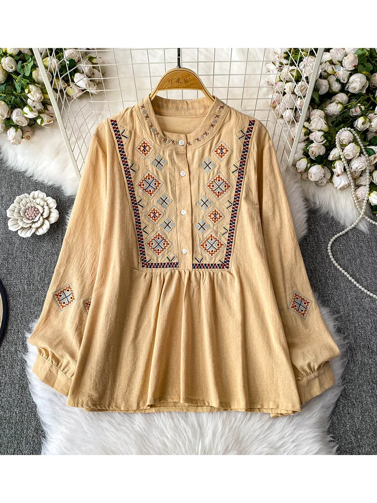 

Women's Spring Shirt Ethnic Style Retro Embroidered Casual Commute Round Neck Lantern Sleeve Top New Loose Slimming Shirt BL165