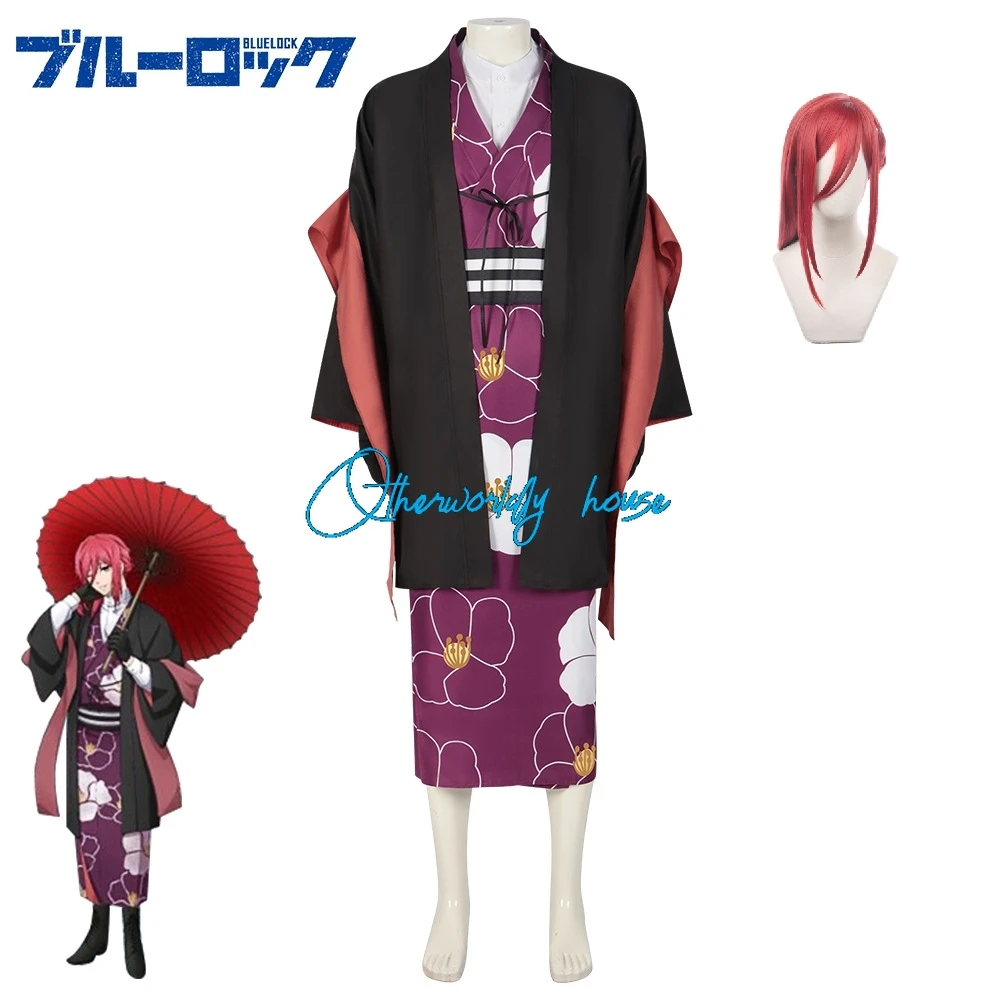 Anime BLUE LOCK Chigiri Hyoma Cosplay Costume Halloween Role Play Uniform Kimono Top Belt Gloves Wraps Men Red Wig Full Suit