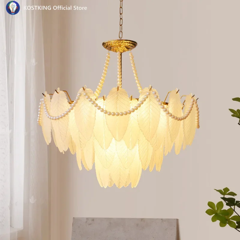 Pearl Crystal Luxury Leaf  Chandelier Creative Modern Light Fixture Long Warm Hanging Living Room Kitchen Lsland Lndoor LED