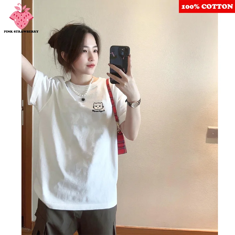 

American Style Cat Print T-shirt Women Summer 2025 New 100% Cotton Short sleeve Casual Loose White Tee Y2k Top Female Clothing