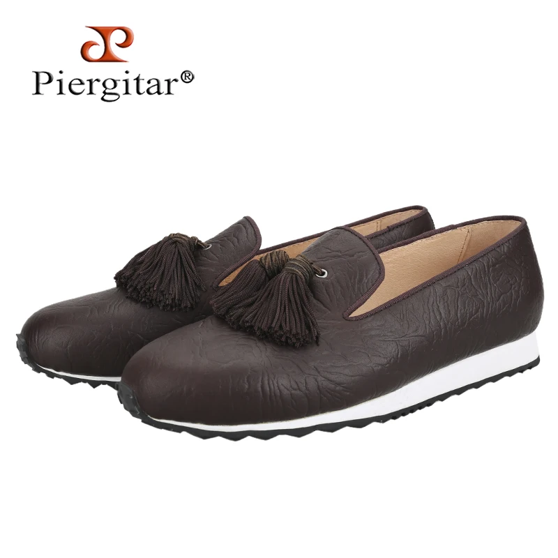 

Piergitar Coffee Bison Grain Leather With Handmade Matching Color Fringe Men's Sneakers Panda Colorway Bottom Pops Footwear