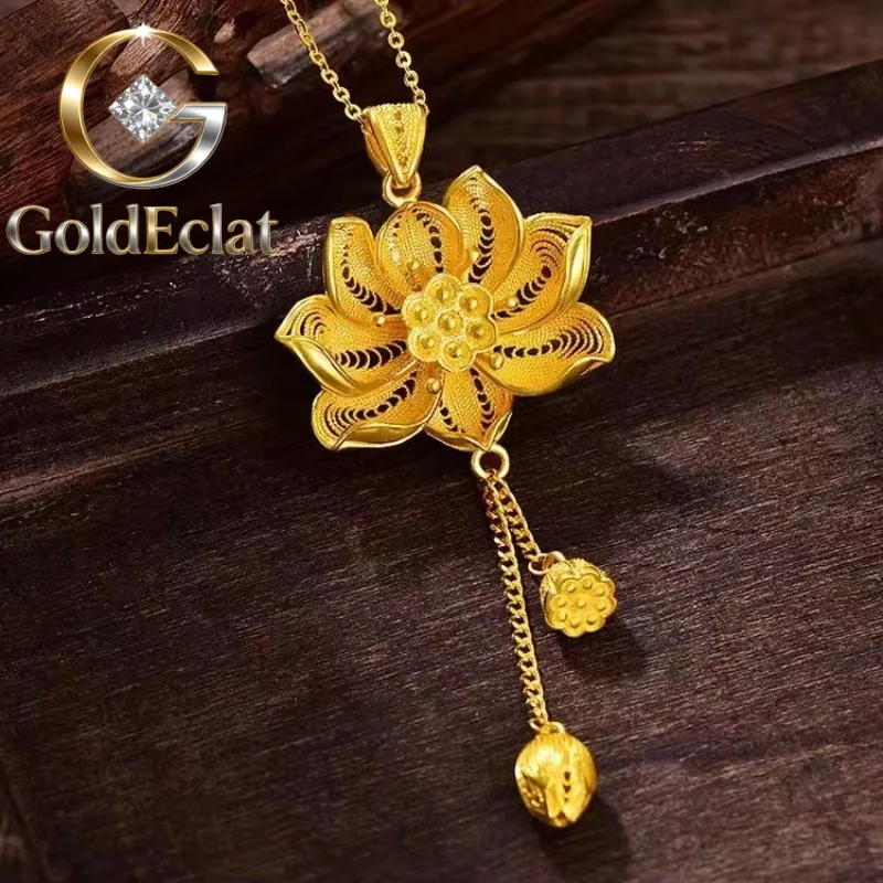 

Комплект серег-подвесок GoldEclat из настоящего золота 9999 пробы (24K) с цветком Хуаньлянь, женские, в стиле China-Chic, с лотосом, полые, для свитера