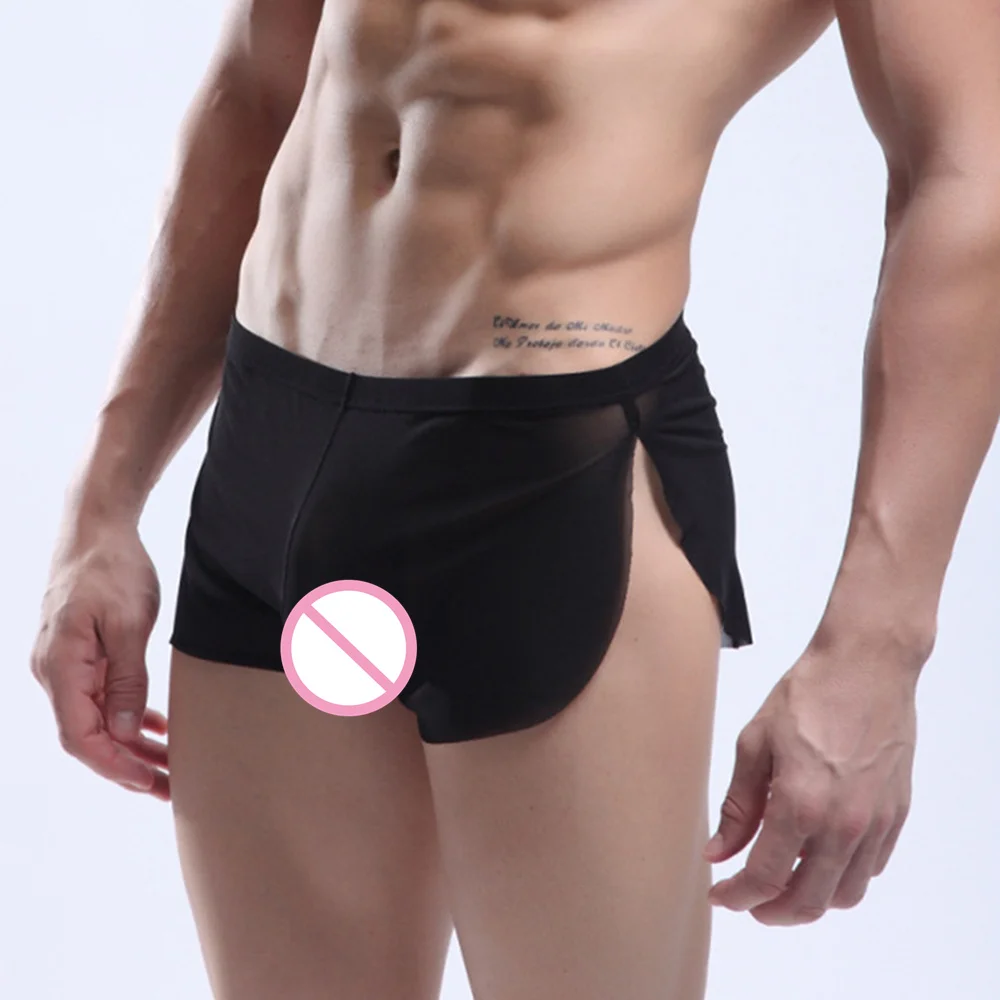 Mens Thin See Through Underwear Mesh Soft Boxer Shorts Side Split Trunks Brief Loose Pouch Underpants Elasticity Sheer Panties