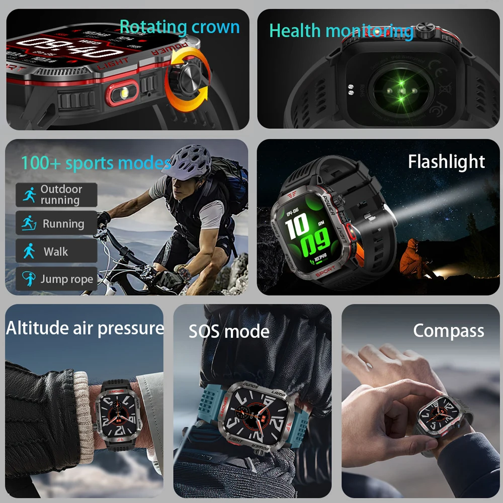 New For Huawei Xiaomi Military GPS Smart Watch Men Flashlight Compass Waterproof Outdoor Sport Tracker Bluetooth Call Smartwatch