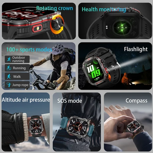 Imagen 2 del producto Reloj inteligente para deportes al aire libre para hombre, rastreador GPS de 2,01 "", brújula, linterna LED, batería de 600mAh, resistente al agua, llamada Bluetooth, reloj inteligente para hombre