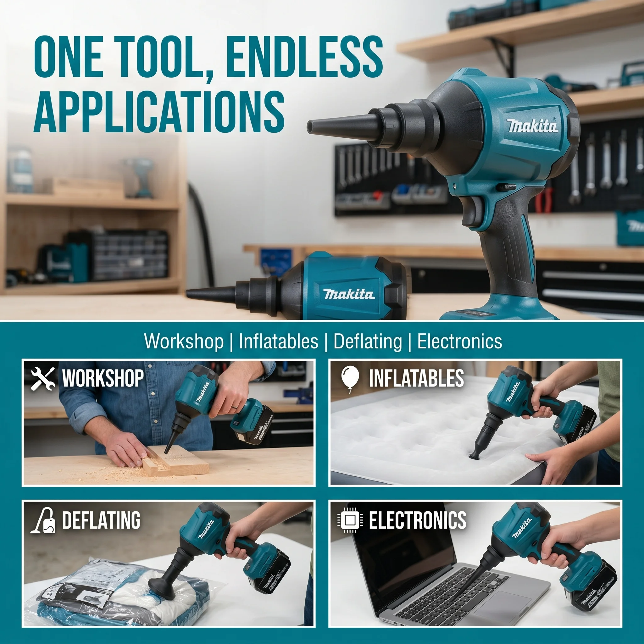 Makita DAS180 Bare Air Blower 18V Cordless Brushless Inflator Tool With Matching Nozzle For Home Dust Removal & Inflation