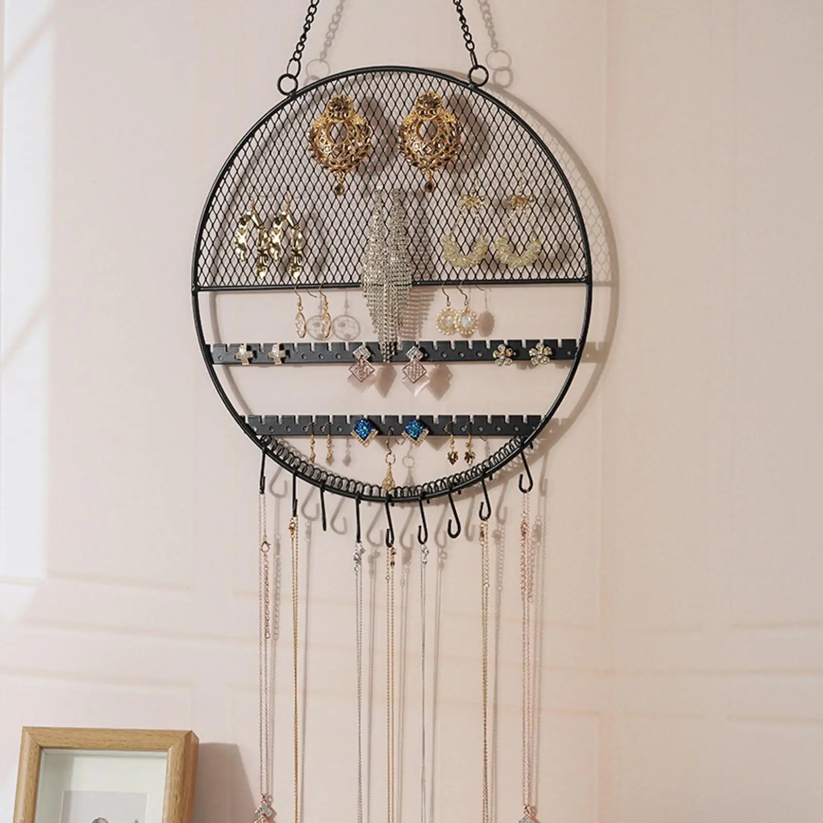 Stylish Hanging Earring Holder with Chains and Hooks, Elegant Jewelry Storage Solution