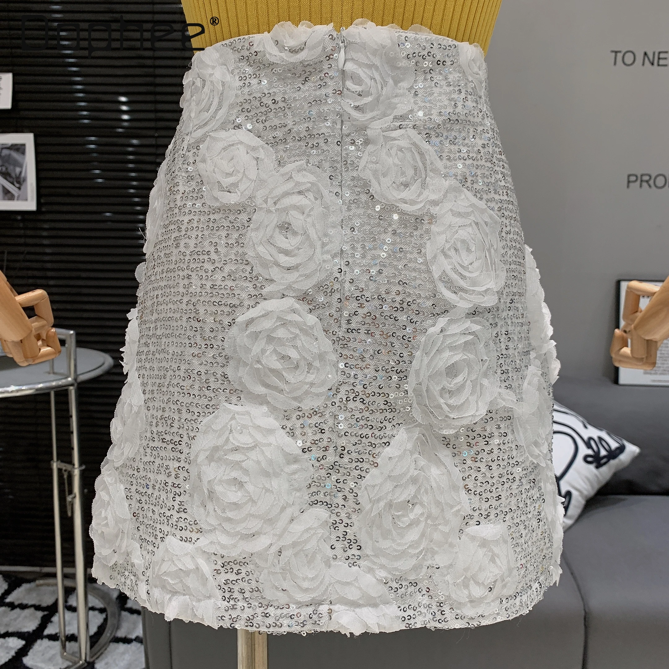 French Temperament Heavy Industry Flower Sequined Skirt Hot Girl Fashionable Sexy High Waist Mini Skirt Women A-line Skirts
