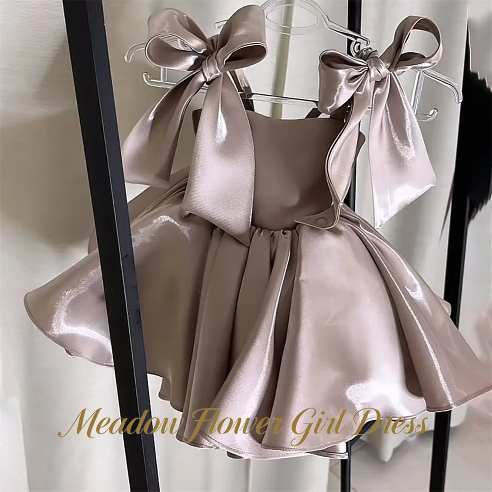 Meadow Dusty Champagne Princess Girls Dress Spaghetti Strap Ball Gown Party Tutu Dresses Wide Ribbon Bows Tutu Fluffy Prom Gown