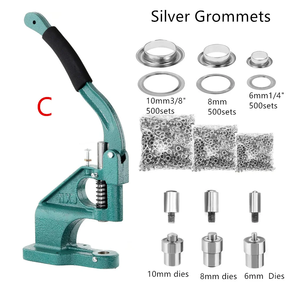 Heavy Duty Hand Drücken Öse Tülle Maschine Punch Tool Kit mit 8mm 6mm 10mm Stirbt und 1500 pcs Gold Silber Ösen – Detail 4