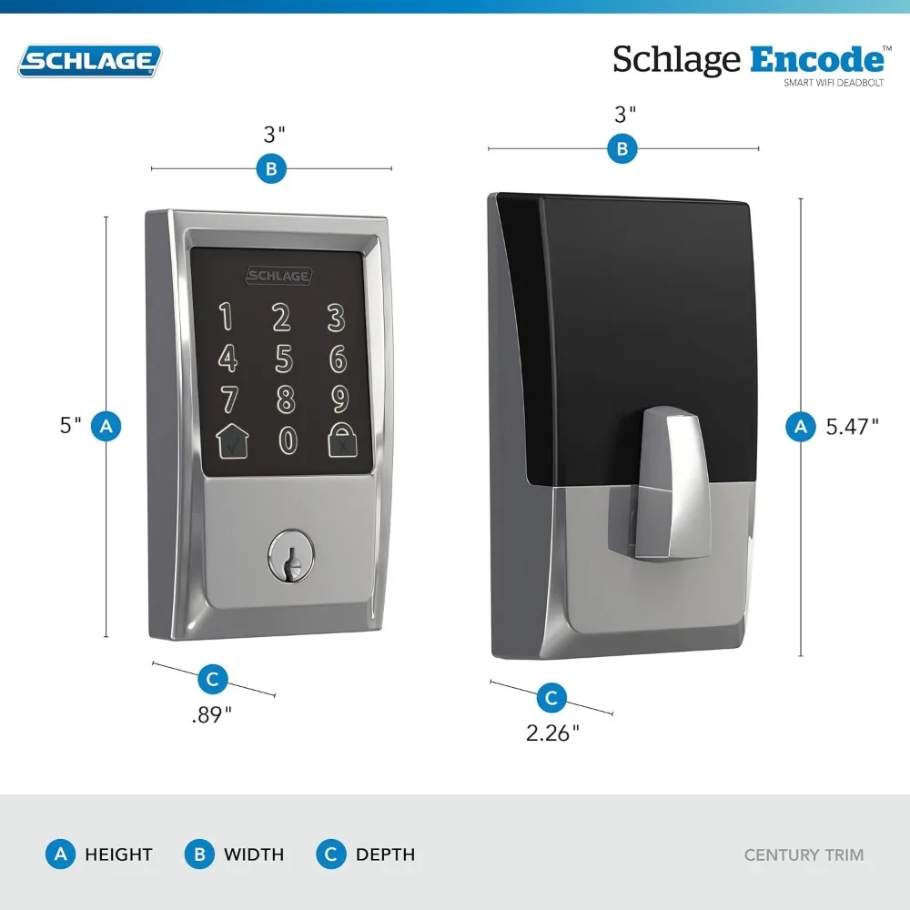 Schlage Encode Smart WiFi Deadbolt with Century Trim In Bright Chrome
