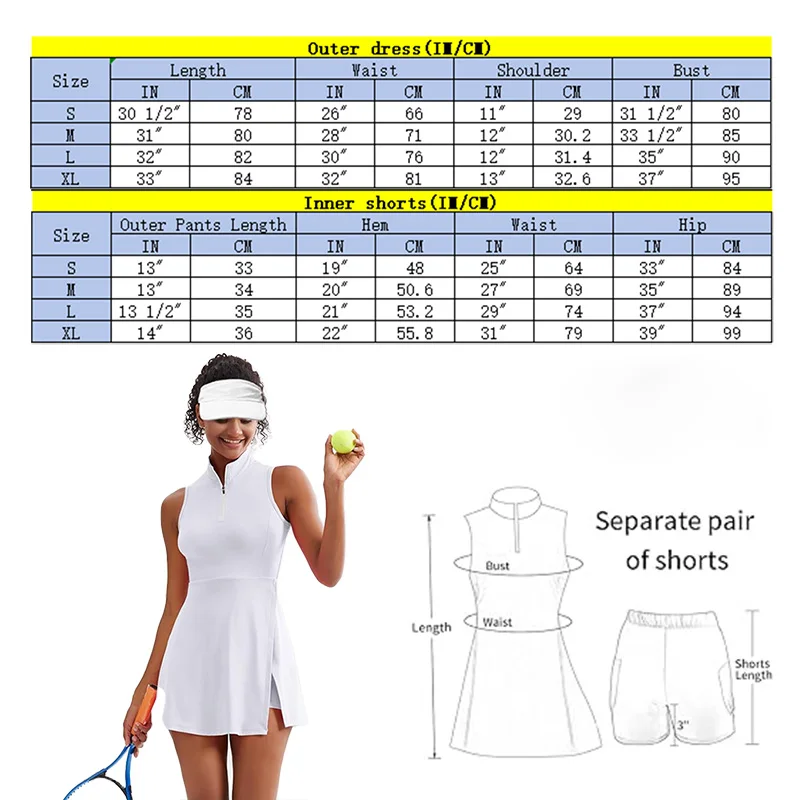 Summer Solstice Women\'s Tennis Dress,Fashion 2-in-1 Tennis Golf Sports Dress,Polo Collar Design Women\'s Fitness Dress sleeveless