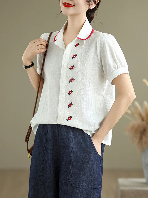 Estate 2025 Versatile pizzo rosso dolce colletto per bambola bottone singolo allentato dimagrante bianco puro cotone irt Casual Sle vestibilità ampia