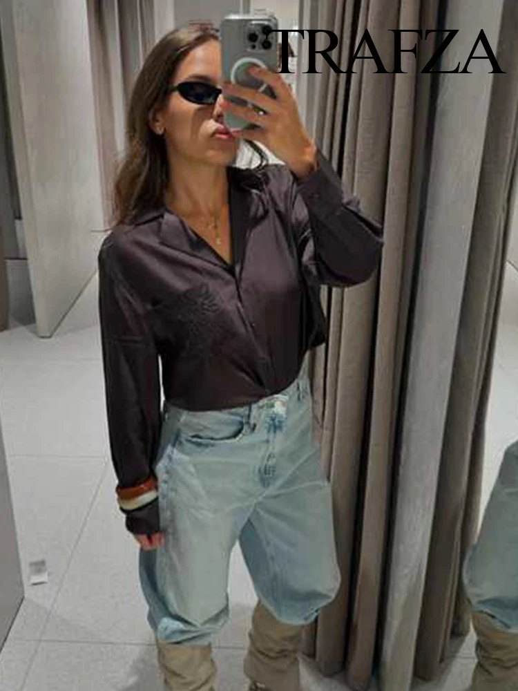 

TRAFZA Woman Elegant Single-Breasted Embroidery Decorate Translucent Top Fashion Women Chic Lapel Long Sleeves Loose Shirts