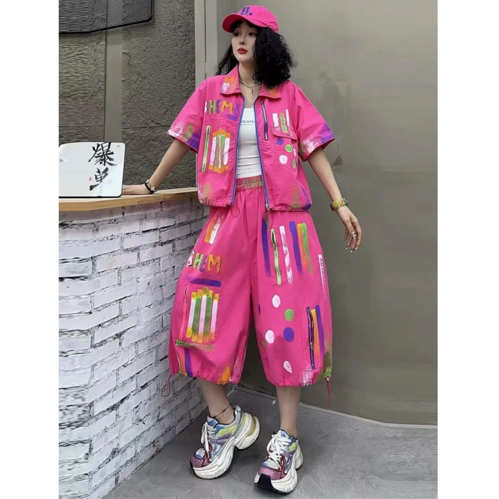 

Street Fashion Painted Denim Suit Women Plus Size Loose 2026 Summer Trendy Coat + Wide-leg Straight Pants XY208
