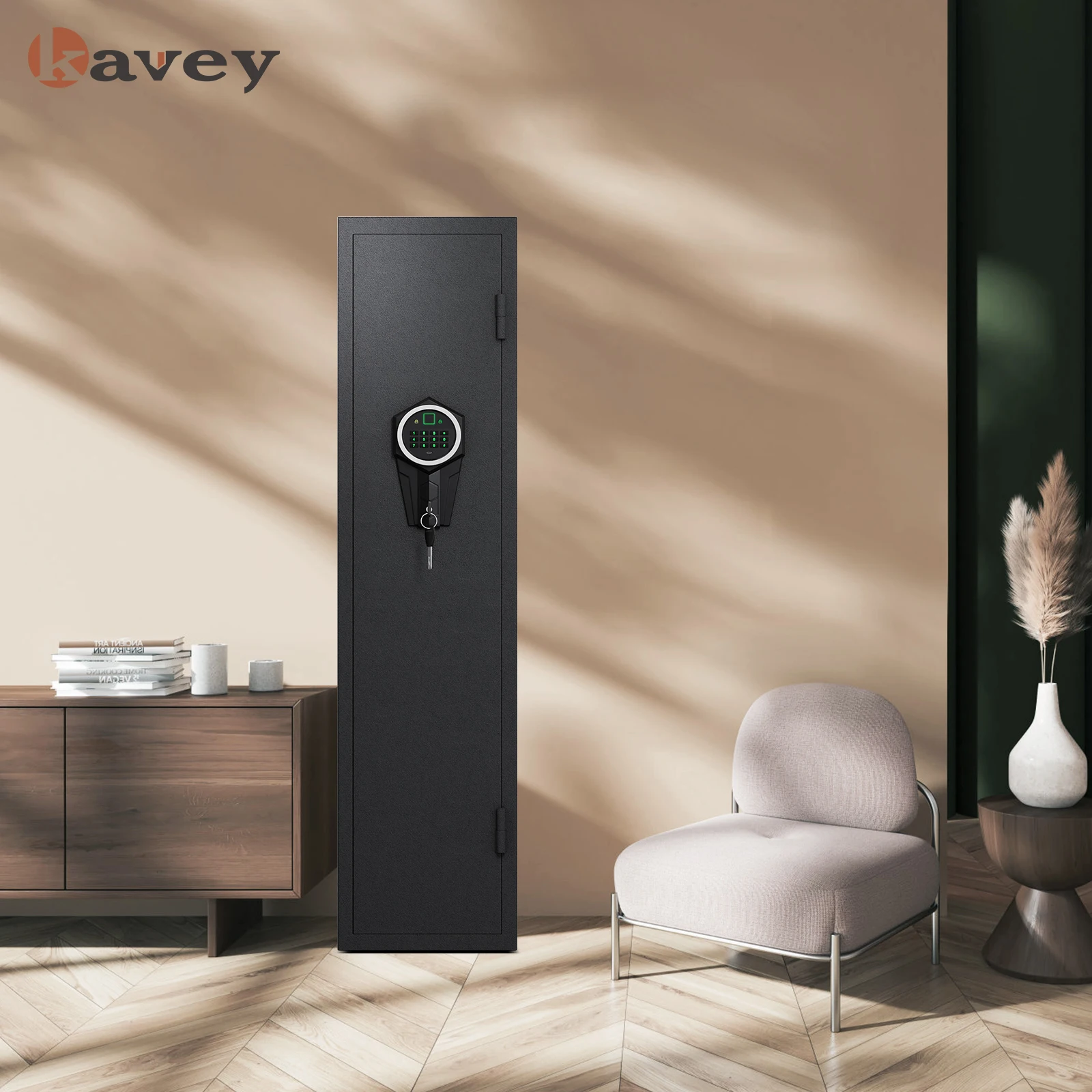 Kavey Biometric Gun Safe, ปืนไรเฟิลแบบเข้าถึงด่วนปลอดภัยพร้อมโหมดเงียบ, ระบบเตือนภัย, ชั้นวางแบบถอดได้และช่องใส่ปืนแบบปรับได้ 2 ช่อง