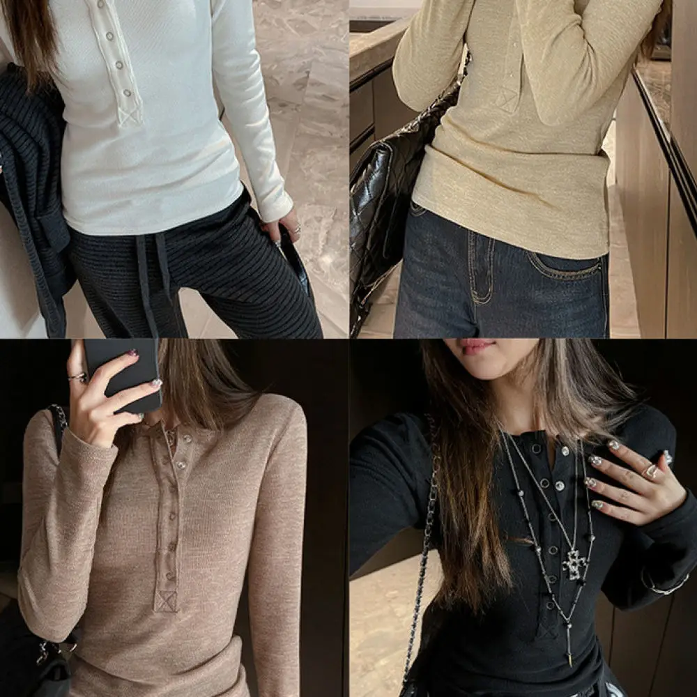 Slim Fit Long Sleeve Women T Shirt Round Neck Pullover Button Detail Soft Texture Minimalist Elegant Casual Fall Wear