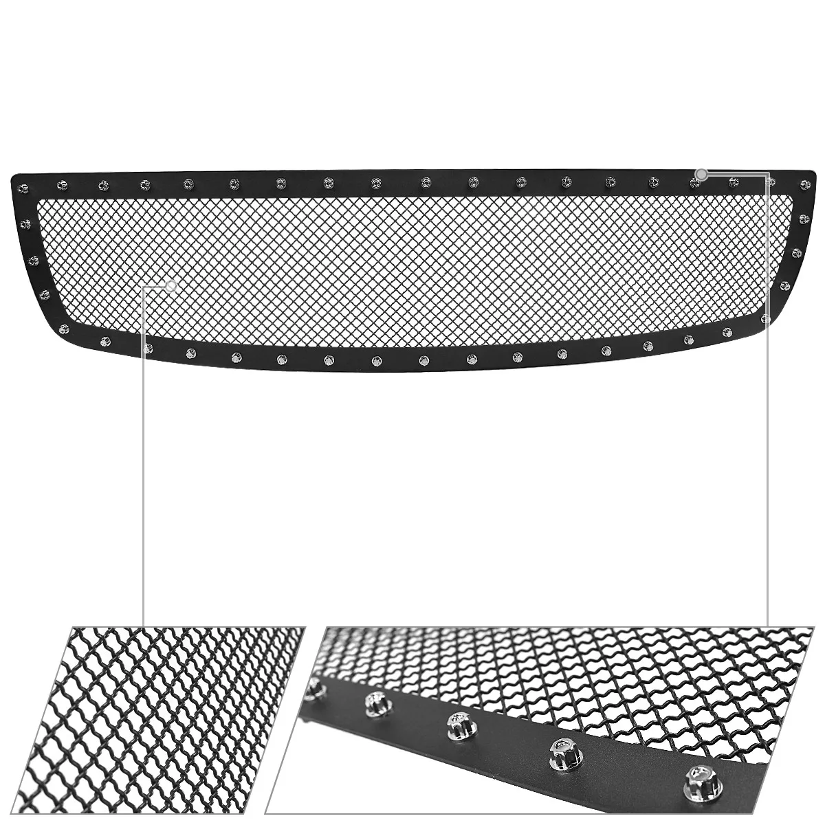 Hood Grille Fits 2003-2006 GMC Sierra 1500 Black Texture Rivet Upper Mesh Insert