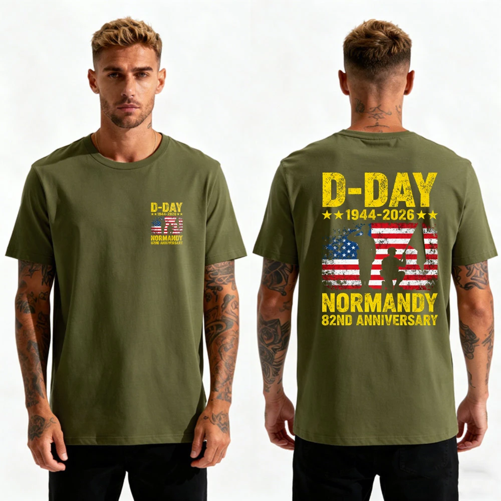 D-Day Normandy 82nd Anniversary 1944-2026 Men T-Shirt US Flag Vintage Print Double-Sided Patriotic Cotton Tee Men Clothing view 2