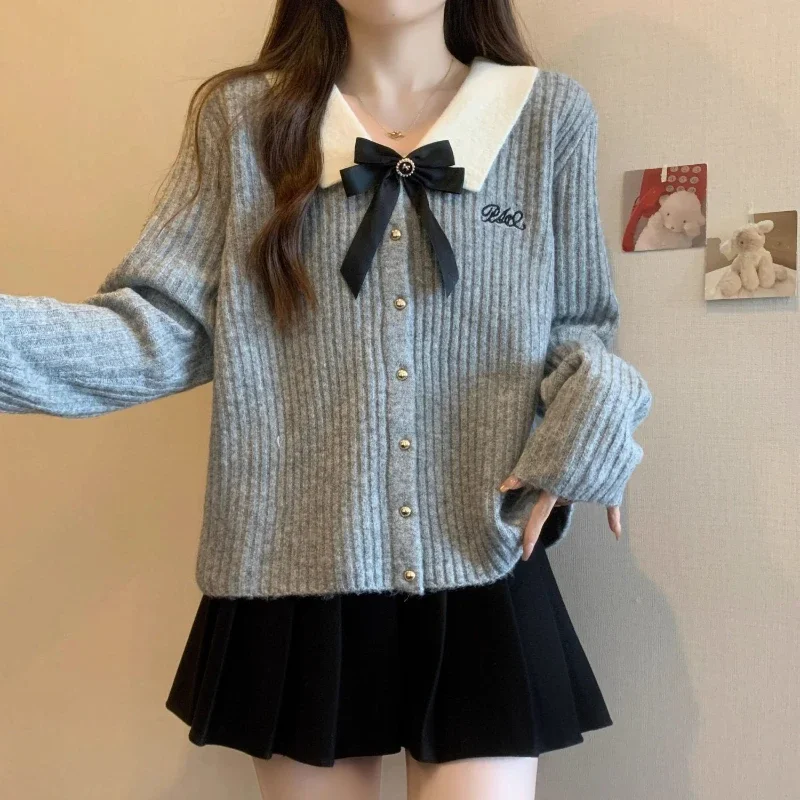 Deeptown Kawaii Sweet Cardigan Sweater Woman Grey Bow Knitted Tops Coquette Fashion Korean Style Sweater Autumn Winter Casual