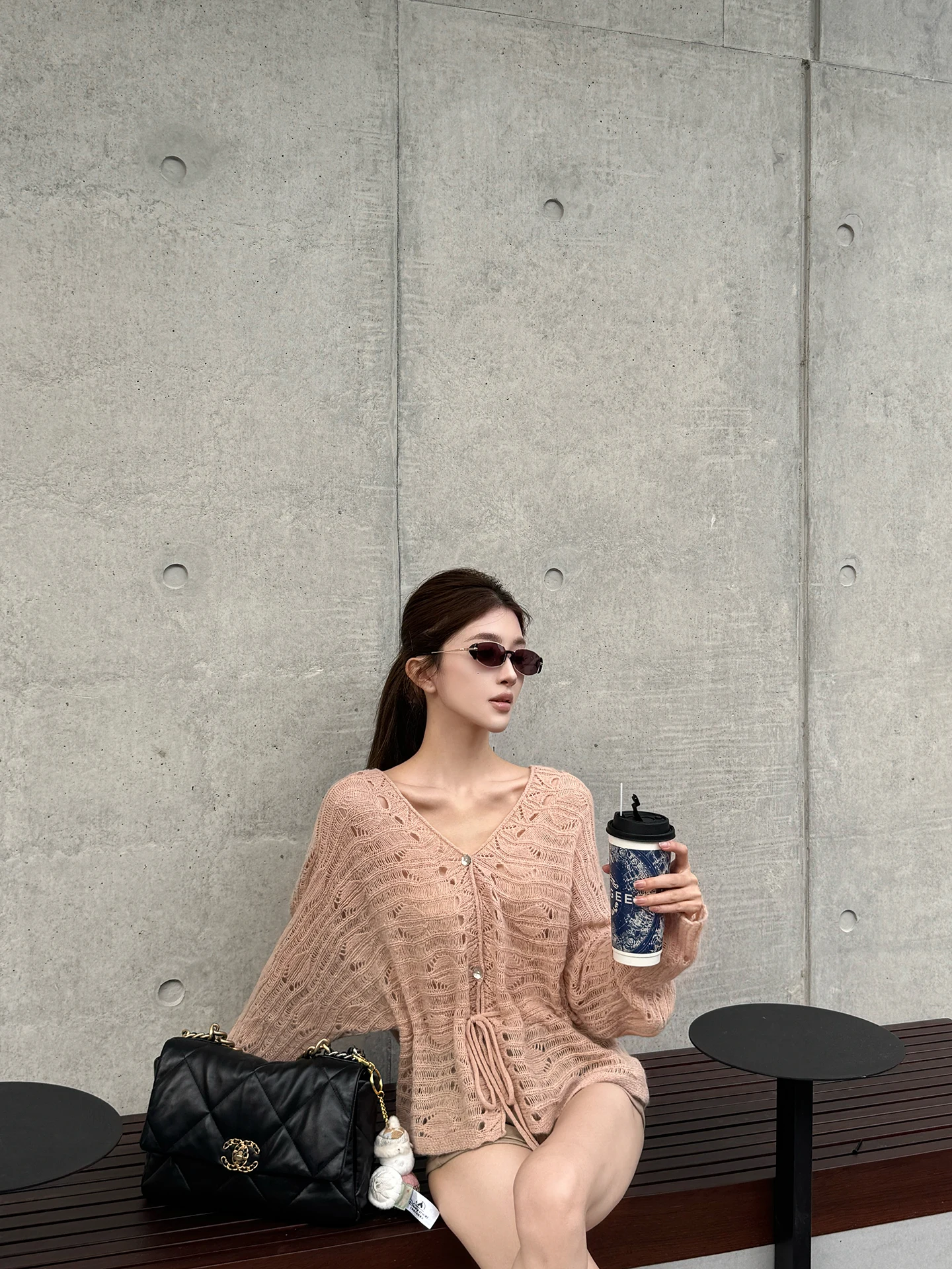 

Advanced V-Ne Hollow out Knitted Cardigan Women's Design Dstring Waist ort Outerwear Top Korean Sle Loose Fit