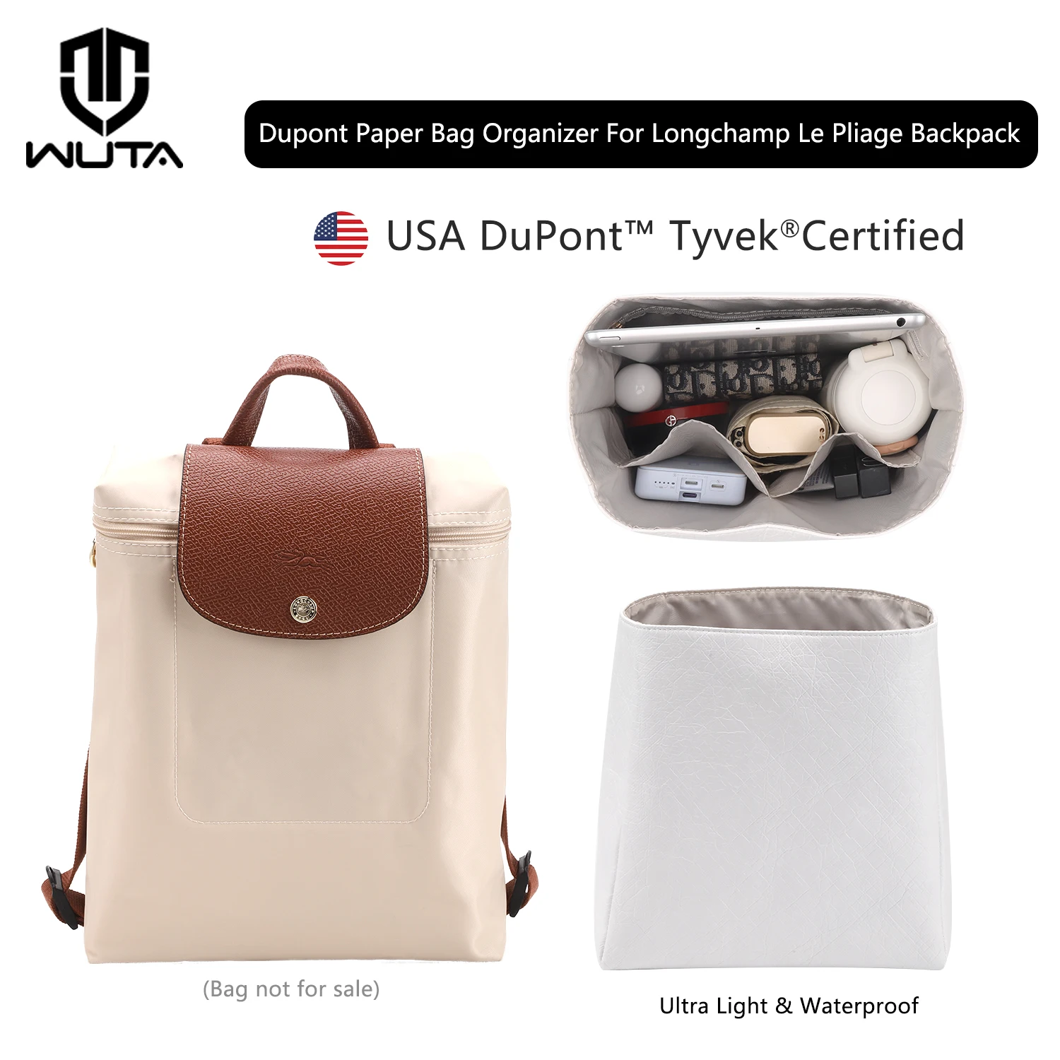 WUTA Bag Organizer For Longchamp Le Pliage Backpack Dupont Paper Inner Bag Insert Storage Bags Liner Bag Support Shaper