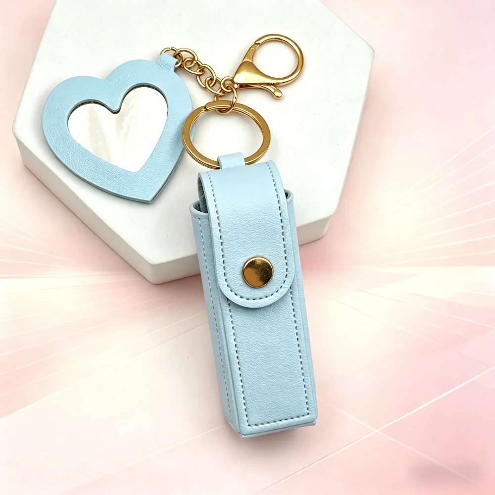 Solid Color Fashion Heart Shaped Mirror Lipstick Holder Keychain Decoration Creative Women Pendant Bag Keyring Gift Accessory