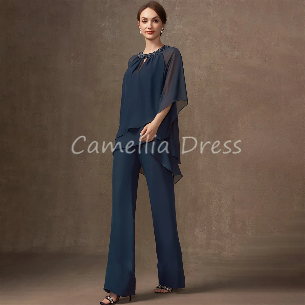 New Scoop Neck Mother Of The Bride Dress Jumpsuit Chiffon A Line Beading Pleated Formal Dresses Vestidos Mae Da Noiva Casamentos