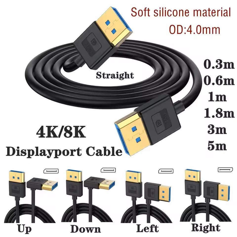 8K Displayport 1.4 90-degree Right Angle Cable DP To Displayport 32.4Gbps 8K/60Hz 4K/144Hz 0.3m 1m 3m 5m for TV Monitor Laptop