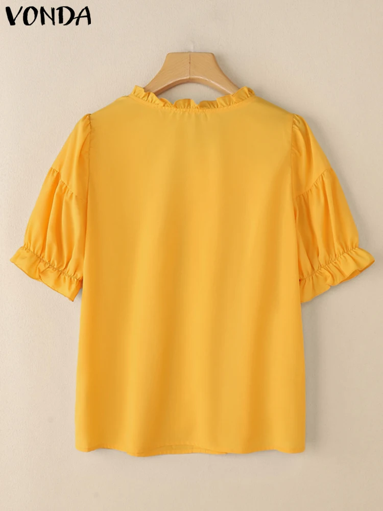 VONDA femmes chemisier à volants décontracté manches bouffantes élégant bureau hauts 2025 femme col rond chemises travail couleur unie Blusas Chemise