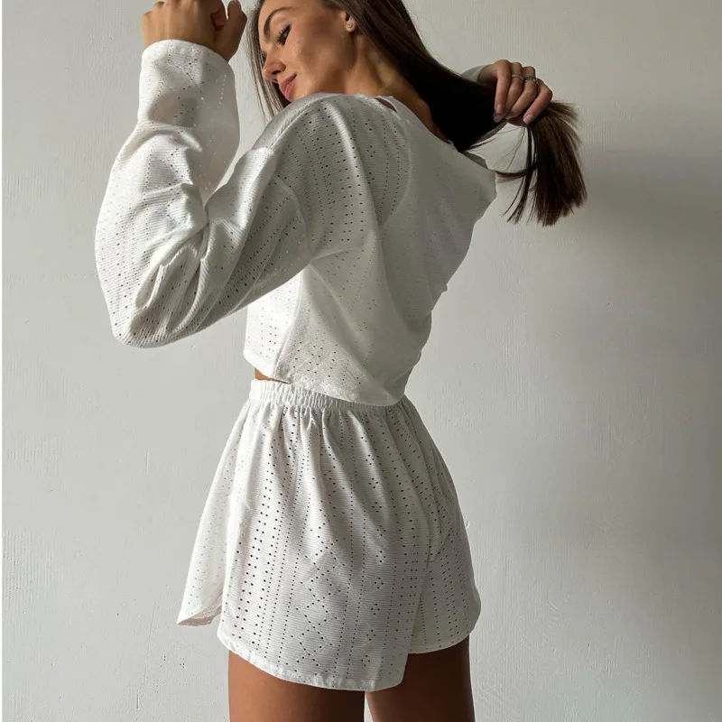 Women's Pajamas Set Spring Long Sleeve Tops With Shorts Sleepwear 2 Piece Set Loose Round Neck Home Wear Loungewear Pyjama Femme