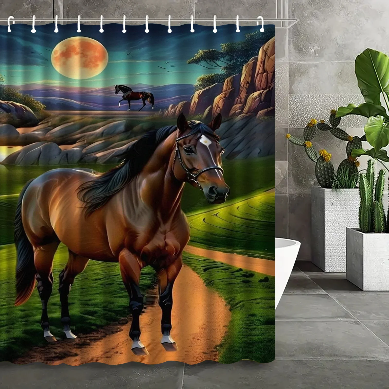 Majestic Horse Shower Curtain Moonlit Landscape & Stallion Print Western Ranch Decor Waterproof Polyester Fabric Bathroom Screen